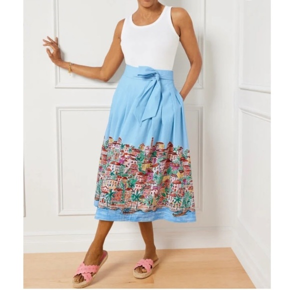 Talbot's Poplin Fit Flare Skirt Scenic Riviera Sash Belt Midi Beach Print 4 NWT - Picture 3 of 11